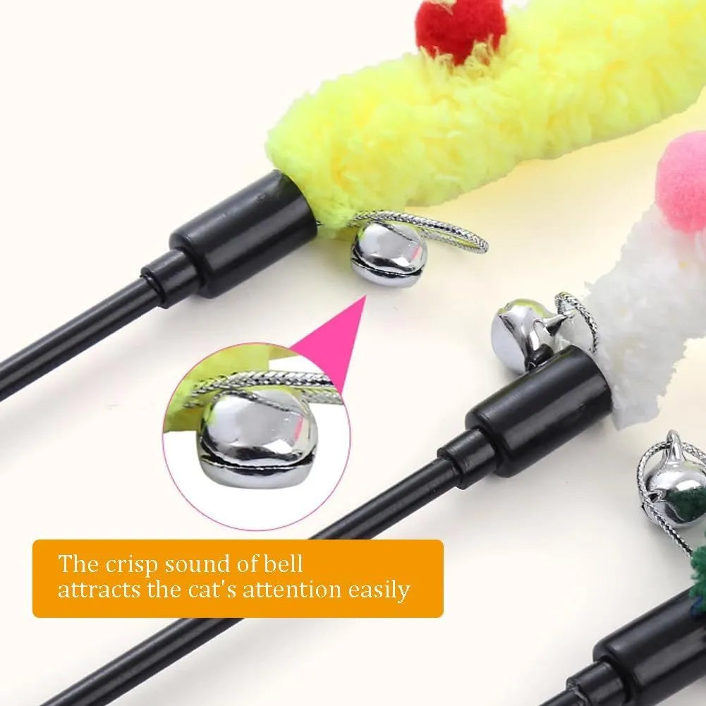 Blue interactive cat wand toy with a long plush strip and fluffy ball with bells.