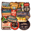 Set of 36 retro-themed beach and surfing stickers in various sizes from 6cm to 10cm on a matte PVC background.