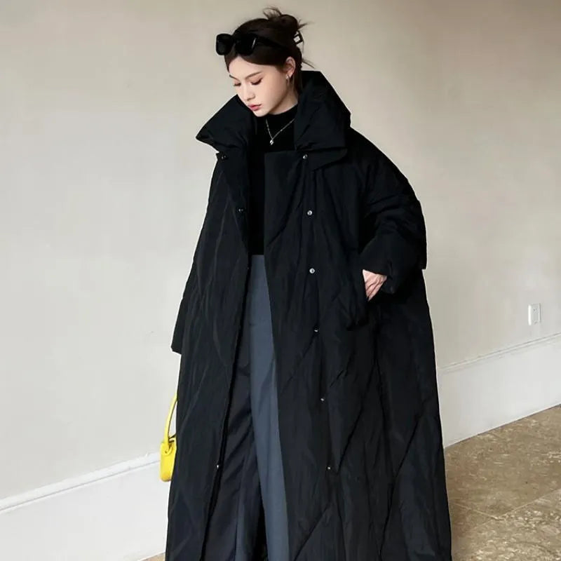 Women's mid-length winter coat in black or grey, loose Korean style zip jacket with conventional sleeves