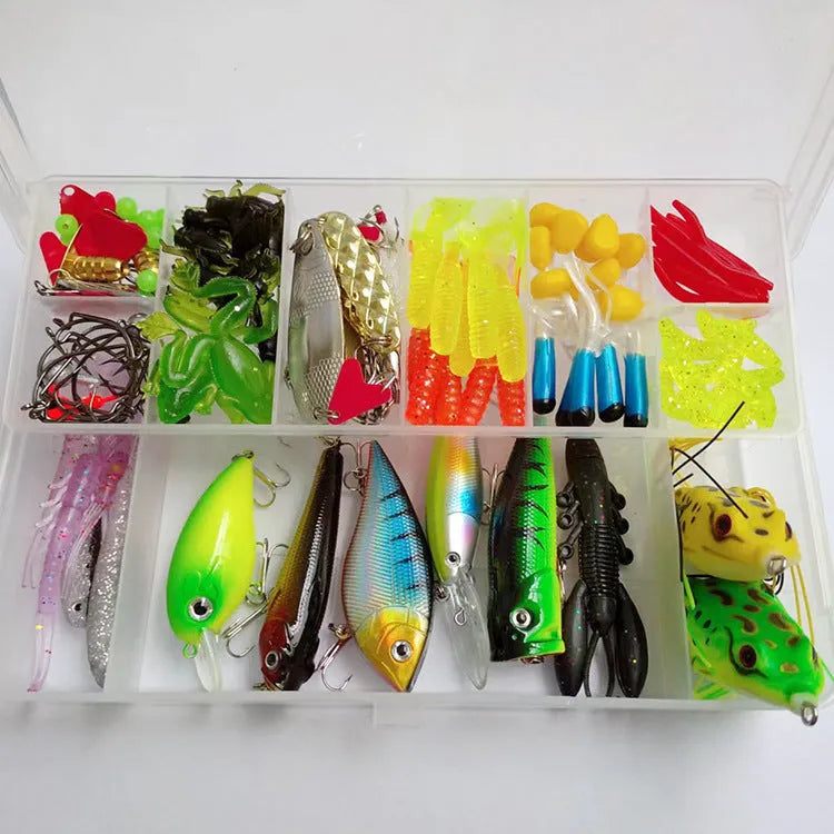 142-piece fishing lure set with metal pliers showing hard mino lures and sequin baits