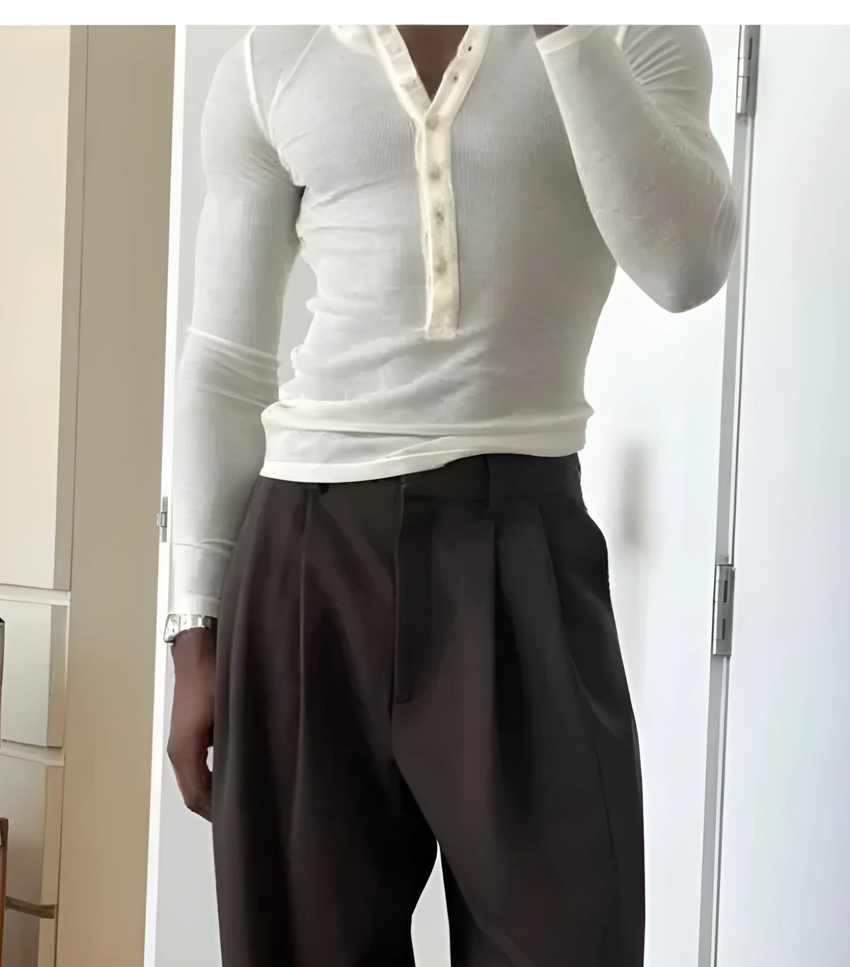 Men's cream ribbed long-sleeve henley top in apricot color displayed in sizes S to 3XL