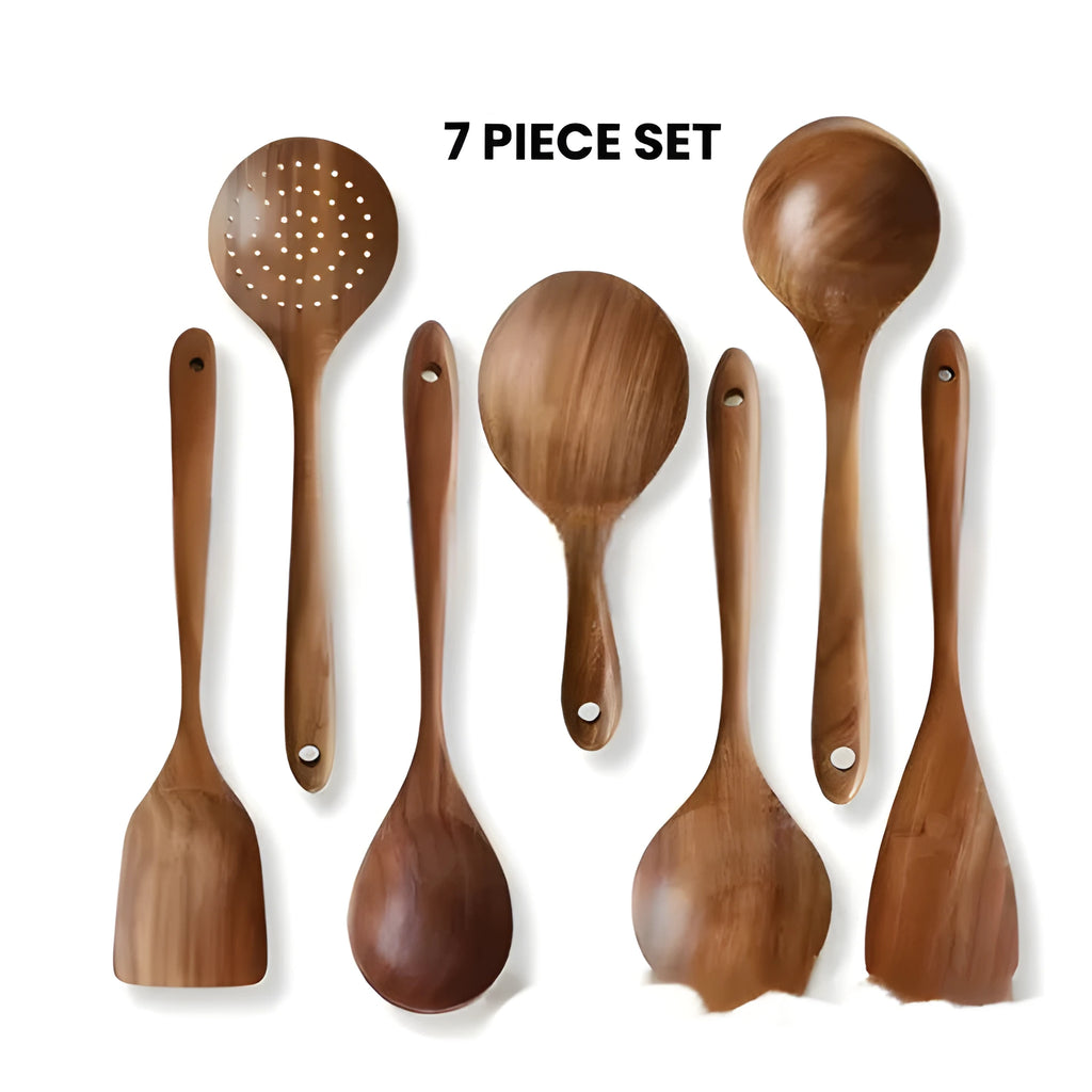 Wooden seven-piece kitchen utensil set with spoon and spatula in box