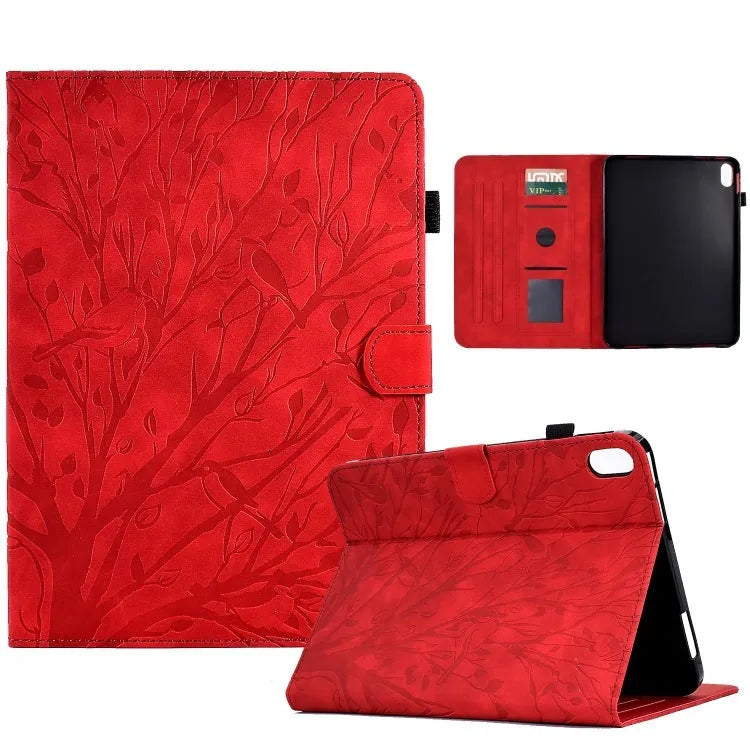 Imitation leather tablet protective case in multiple colours with a built-in stand bracket open.