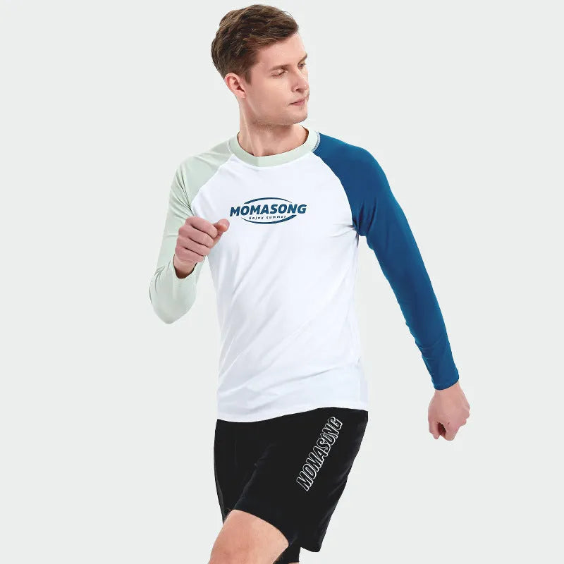 Men's white long-sleeved swim top with matching dual-layer swim trunks for beach sports