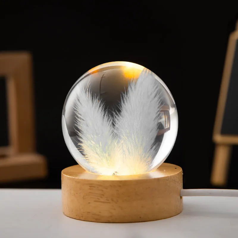 LED flower crystal ball night light with oak base, USB plug-in, dandelion daisy sunflower designs