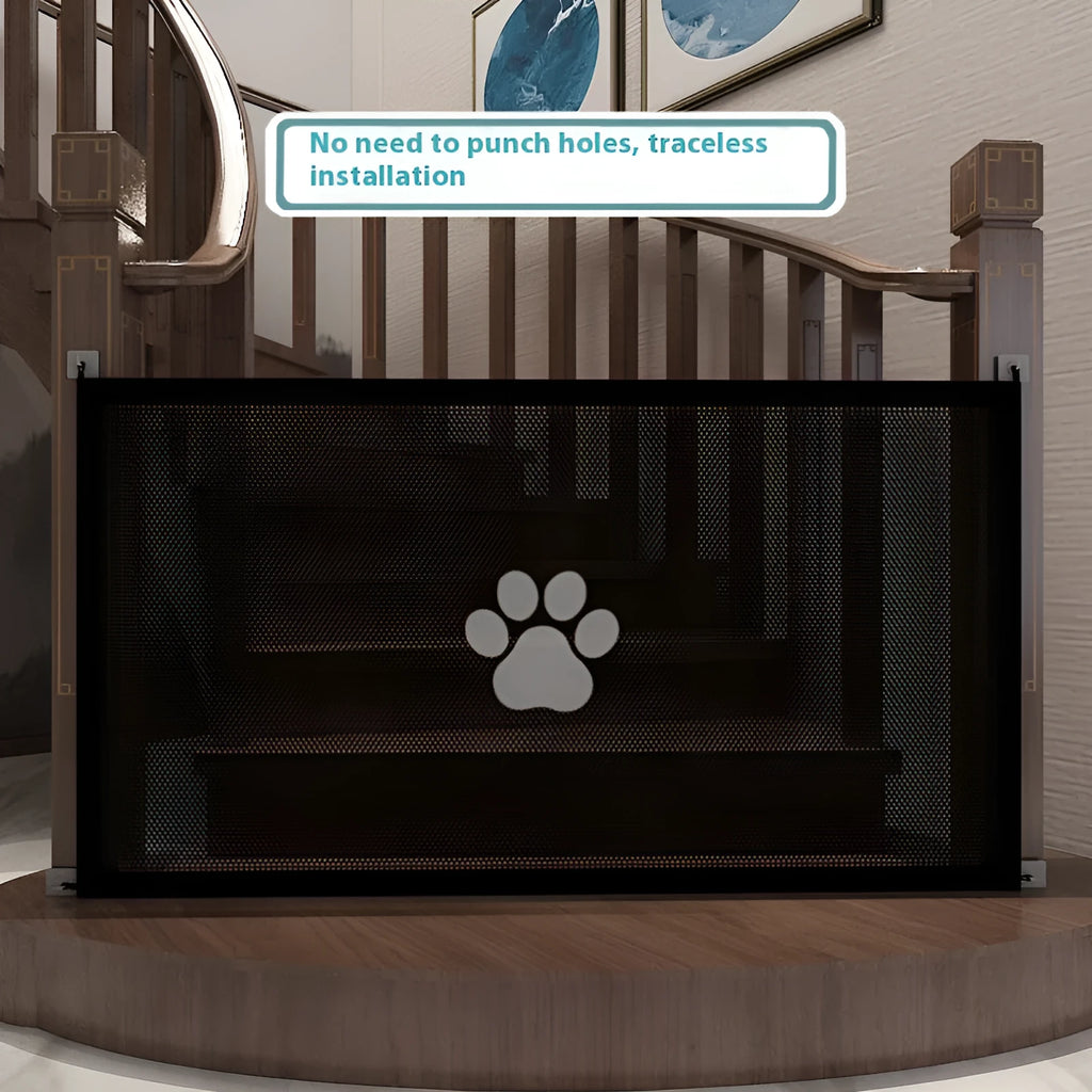 Portable folding dog barrier safety net fence with pet doorsill design in black or white dog footprints