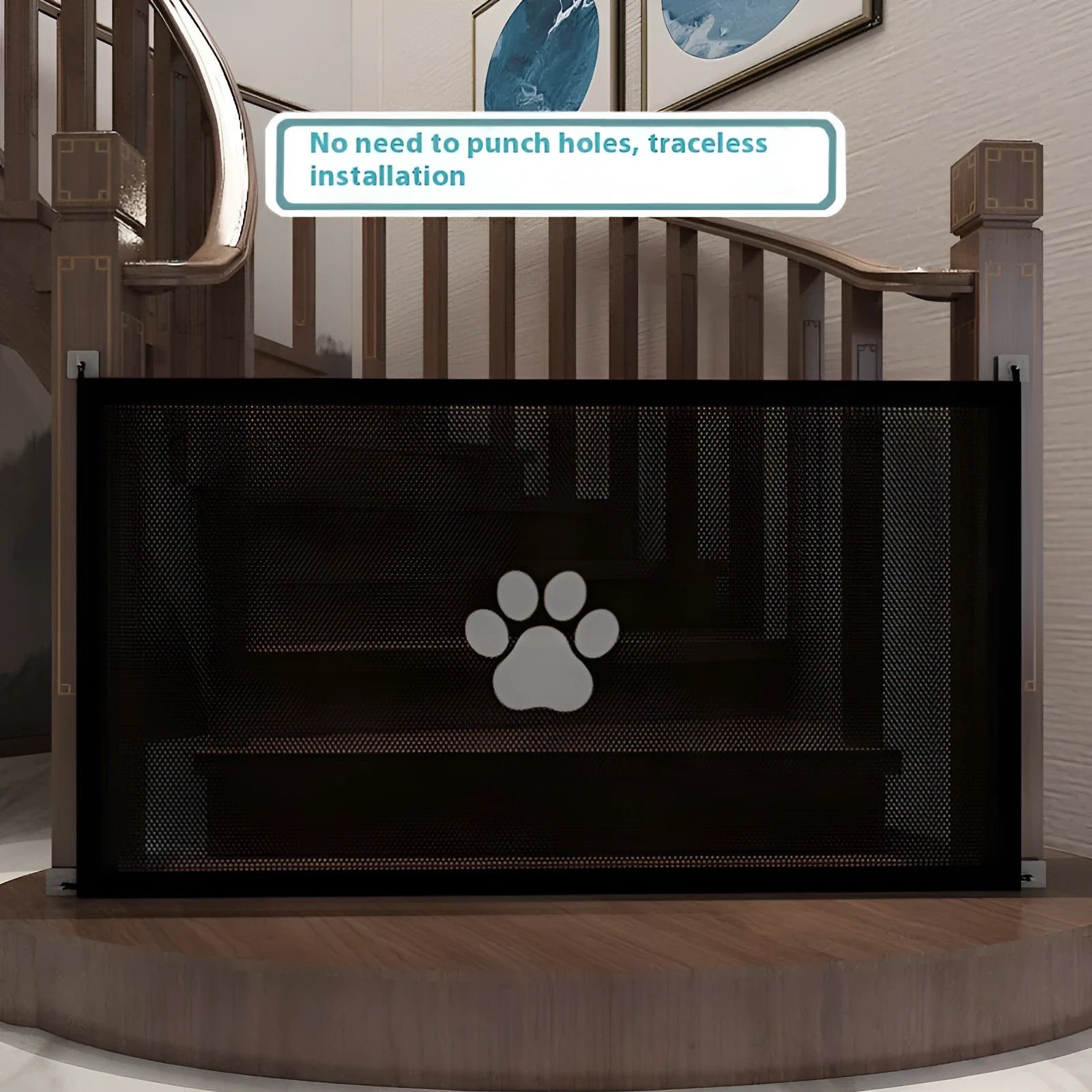 Portable folding dog barrier safety net fence with pet doorsill design in black or white dog footprints