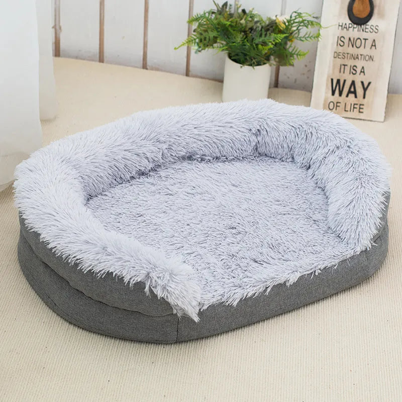 Grey long wool oval open nest dog kennel, cloth plush pet bed in Medium or Large size