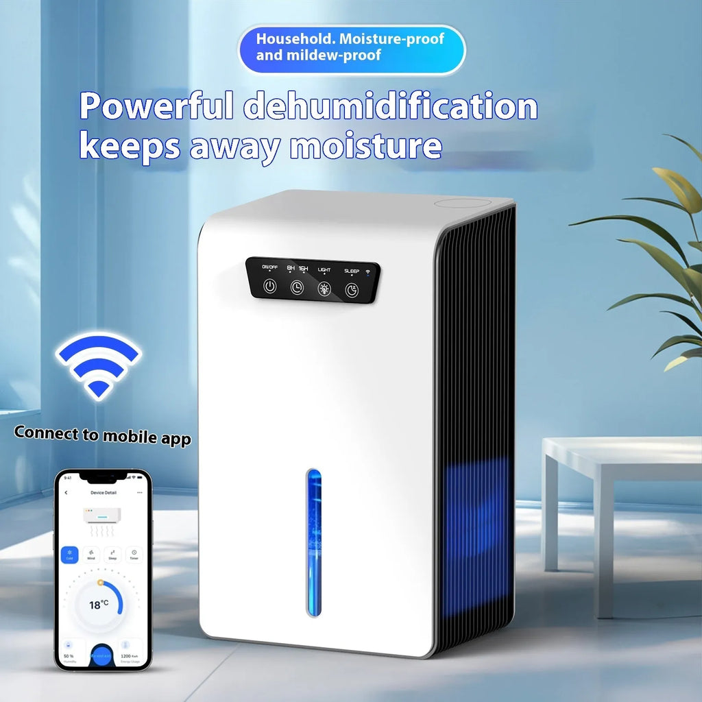 Milky white portable household dehumidifier for 10-20 square metre rooms with 2.6-4.0 litre water reservoir