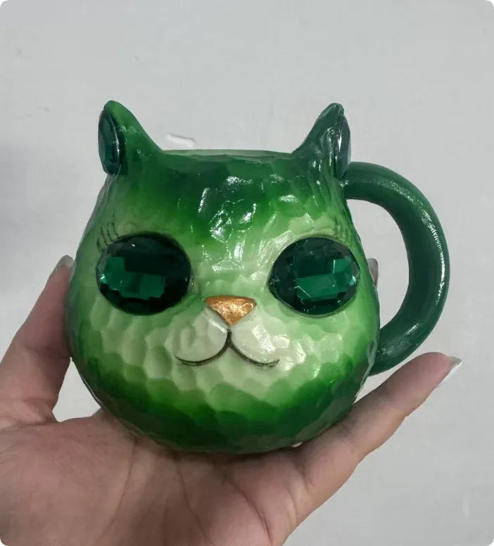 Resin cat cup decorative figurine ornament in purple, green, blue, or pink colour.