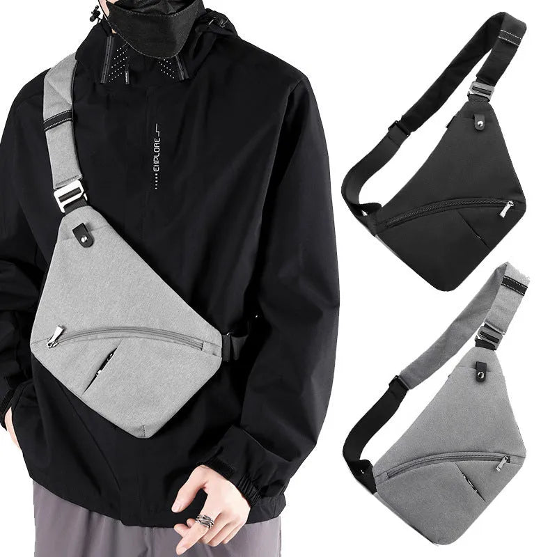 Men's oxford cloth chest bag showing single shoulder strap design in grey and black colour options