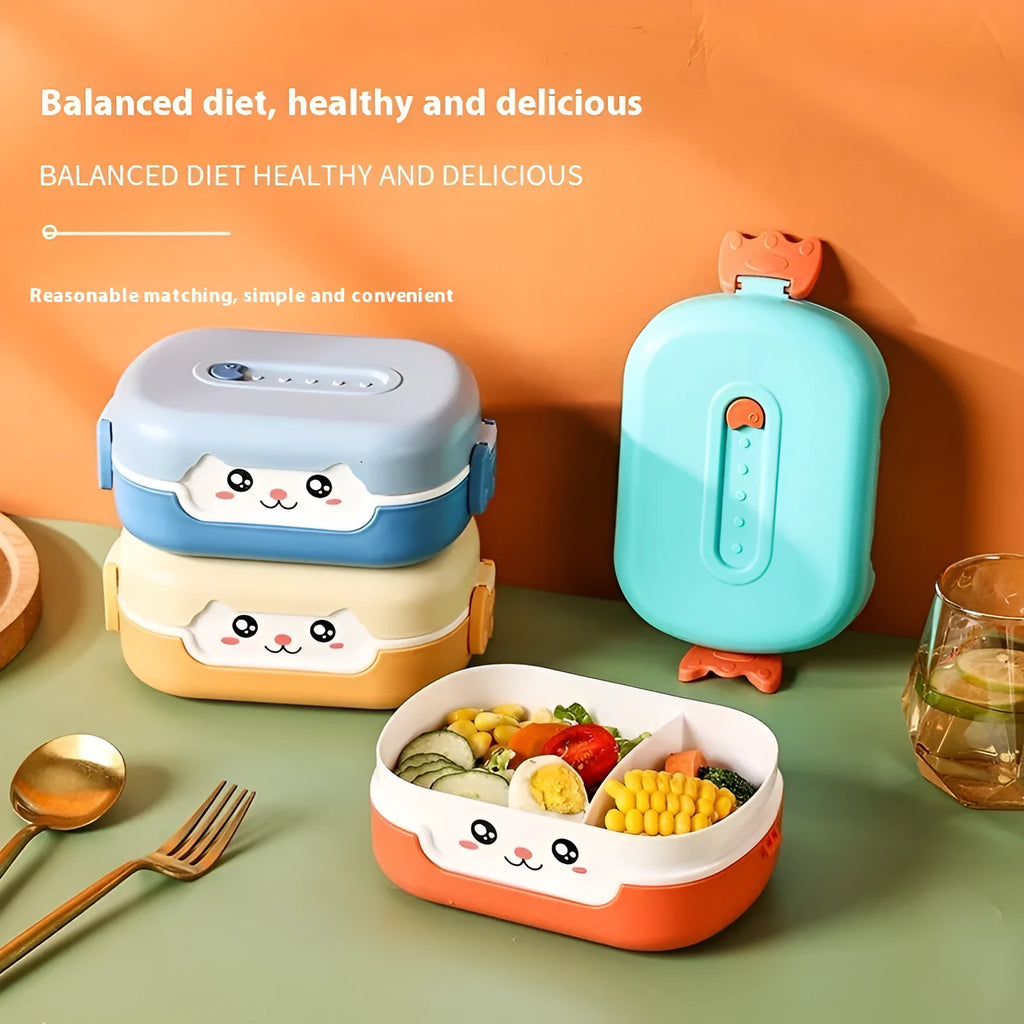 Square plastic lunch box with divided compartments in dark blue, orange yellow or pink and green colours