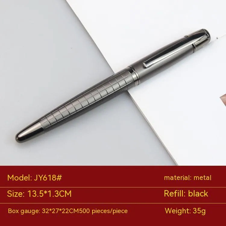 Gun grey metal roller pen with water-based ink refill showing 13.5cm length
