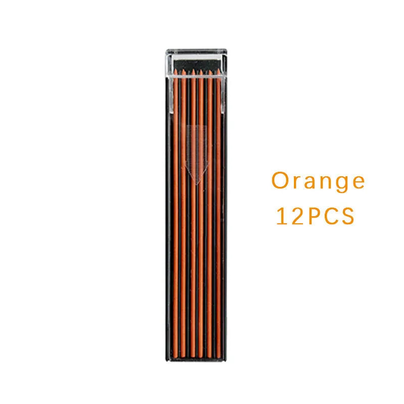 Plastic box containing 12 refill leads for a 0.5mm mechanical pencil in various colours.