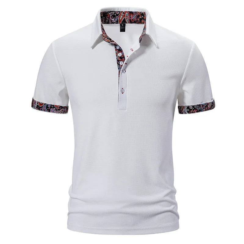 Men's cotton blend polo shirt in navy blue with short sleeves and a turnover collar.