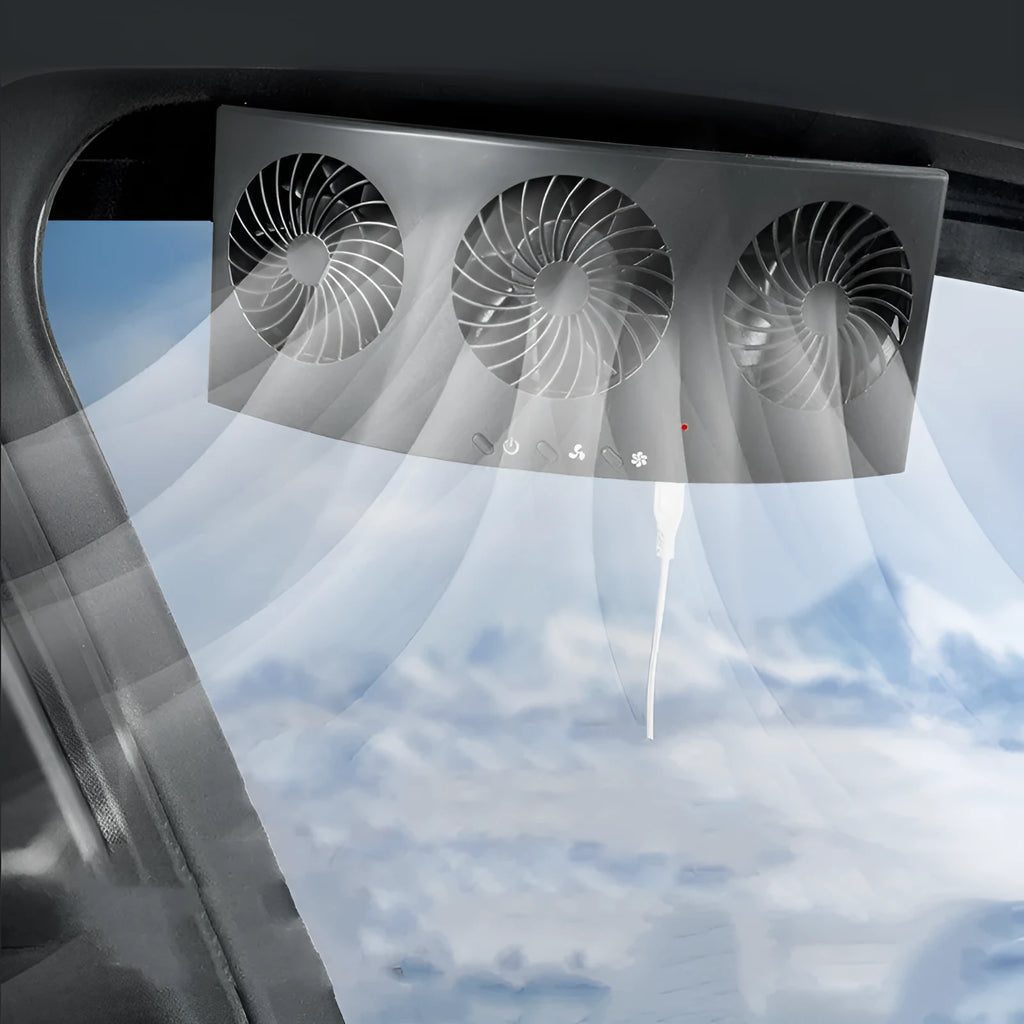 USB-powered black and white car ventilation fan with 1.5m cable for vehicle air circulation