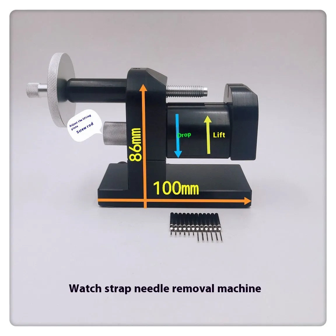 Alloy steel watch strap removal machine tool on a bench, showing compact size and components.