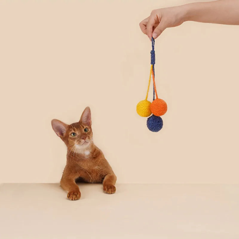 Cat toy set with teaser stick and assorted catnip balls in blue, green, red, yellow colours.