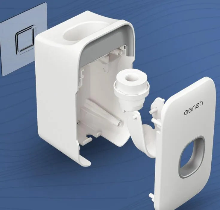Wall-mounted automatic toothpaste dispenser in blue, grey, and pink colours