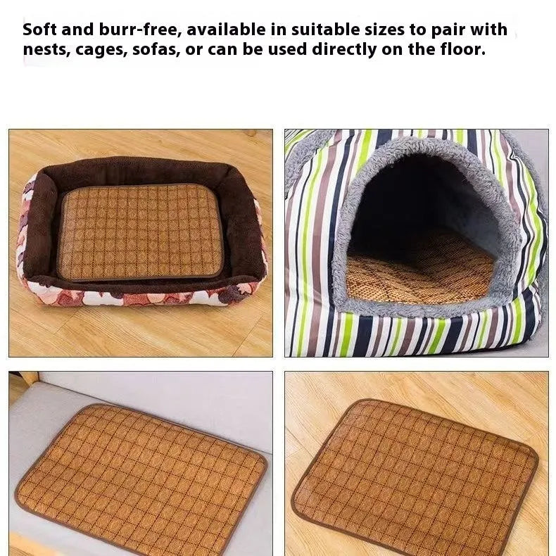 Brown woven rattan fibre cooling mat for dogs on a wooden floor.
