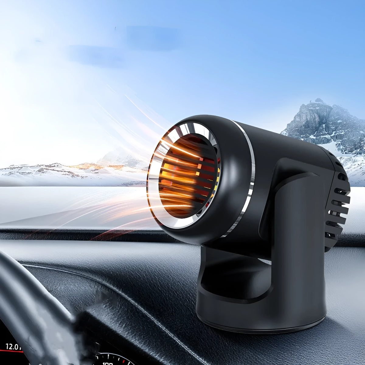Black and white 12V compact car heater with power cord for defrosting and providing hot or cold air.