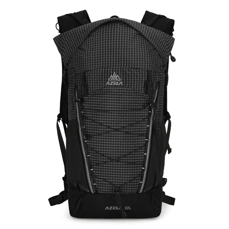 AZELA 22L outdoor hiking backpack in black with grid pattern and ergonomic design, lightweight trekking daypack for camping and travel.