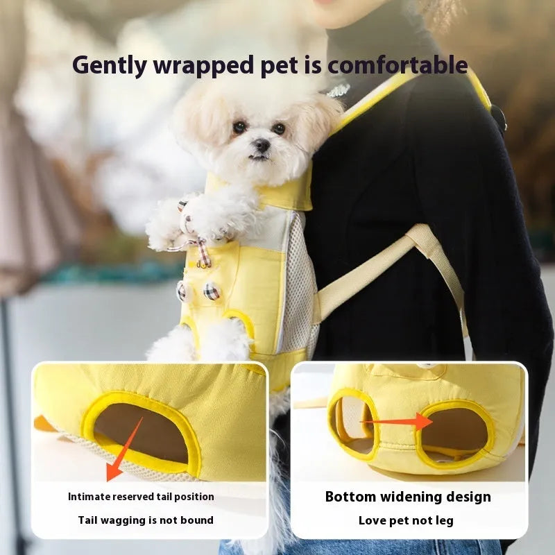 Cartoon animal print pet chest bag in soft canvas with colourful stitching, shown in Beka yellow bear design.
