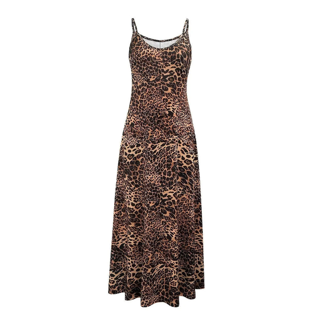 Dark brown leopard print casual sleeveless dress with long skirt and sling straps.