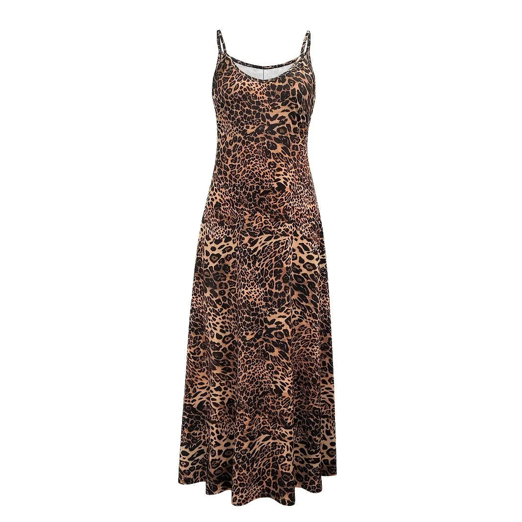Dark brown leopard print casual sleeveless dress with long skirt and sling straps.