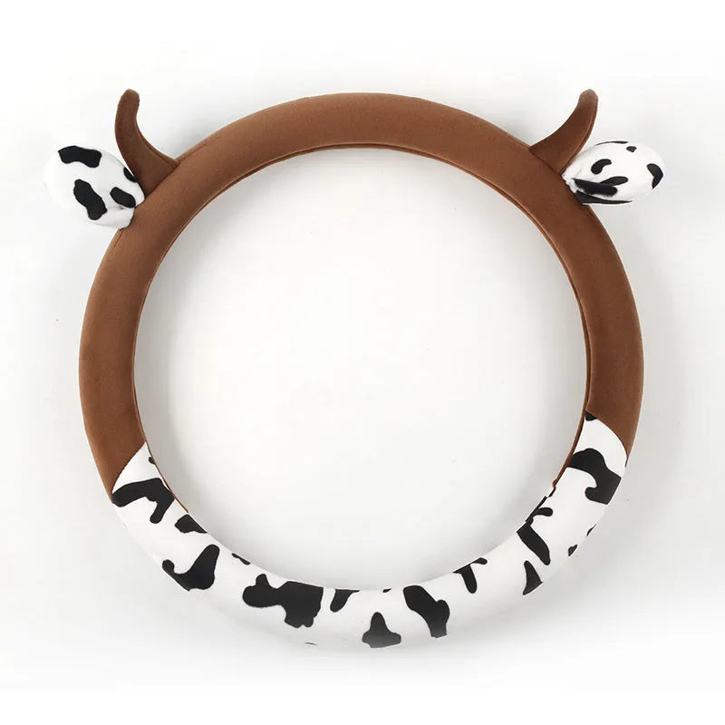 Short plush automotive steering wheel cover in black colour with protective handle design