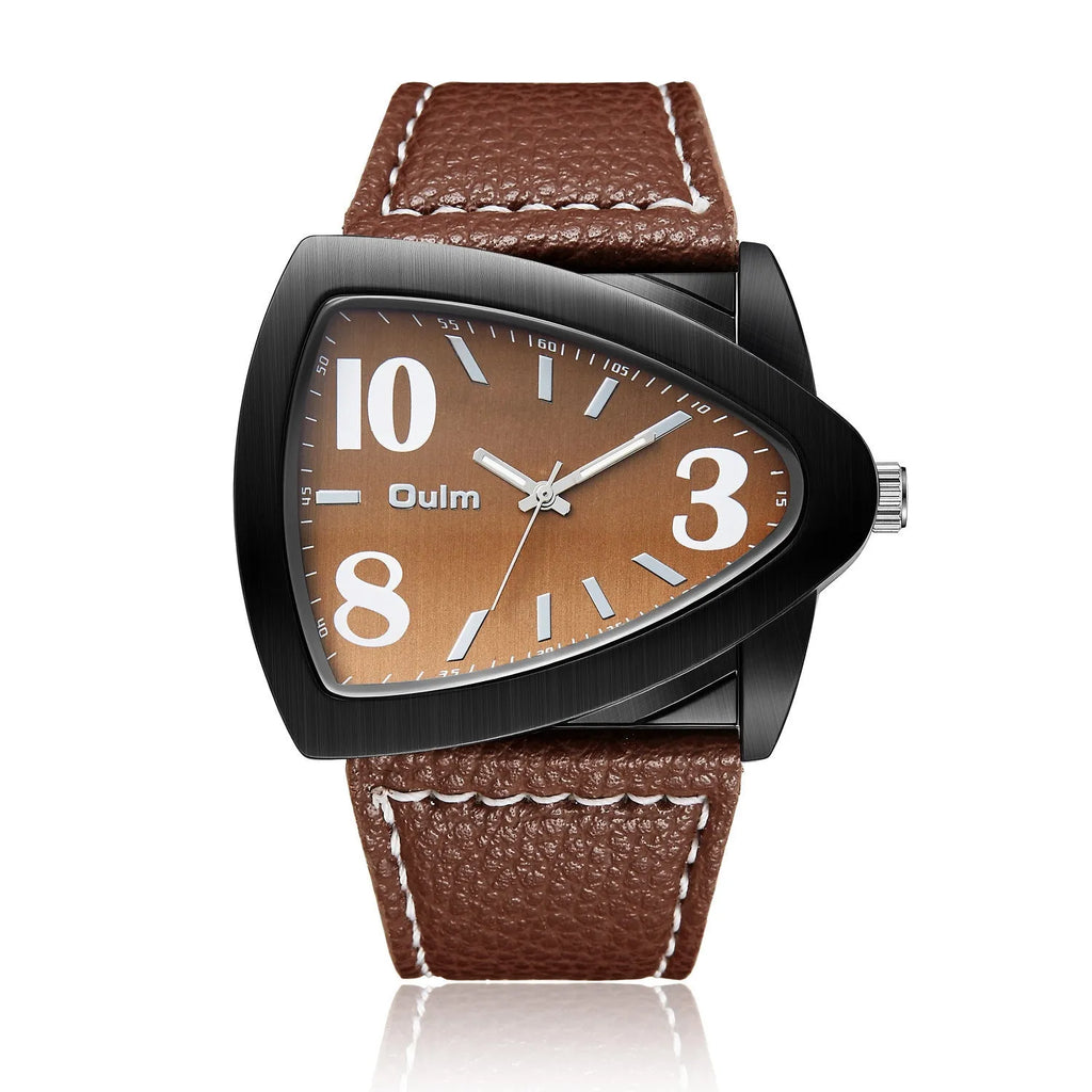 Men's casual analogue watch with triangle pattern band, shown in brown, black, and blue colour options.