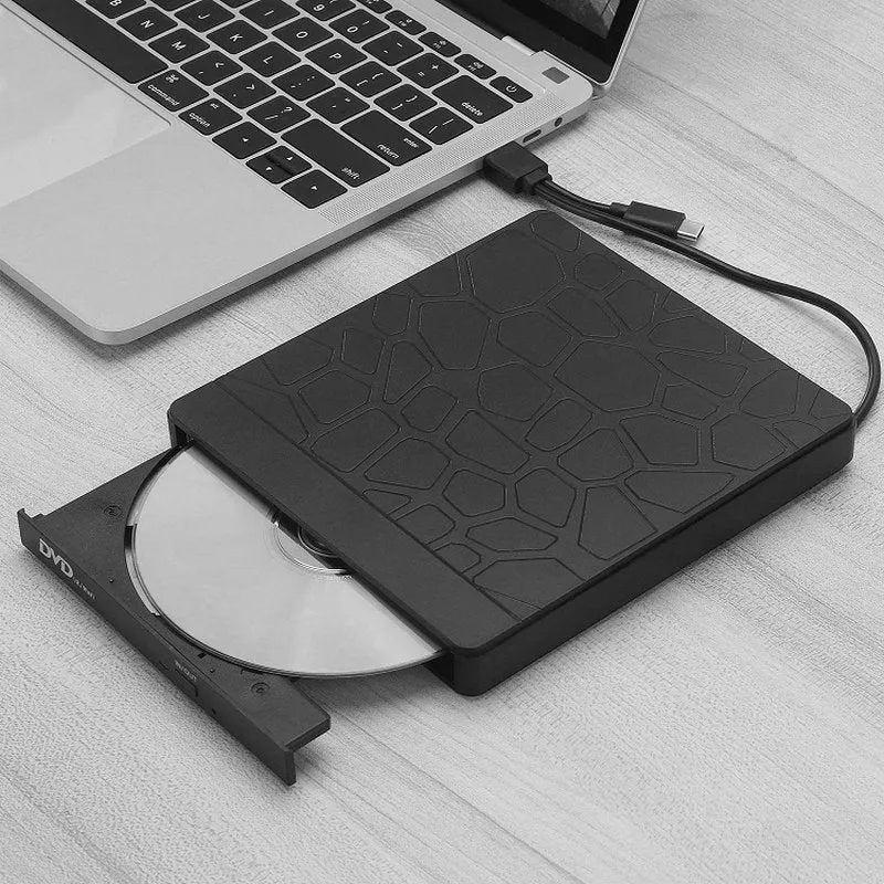 Black 5-in-1 external optical drive with dual interface, 15.4x14.3x1.8cm, for laptop and desktop CD DVD reading and recording