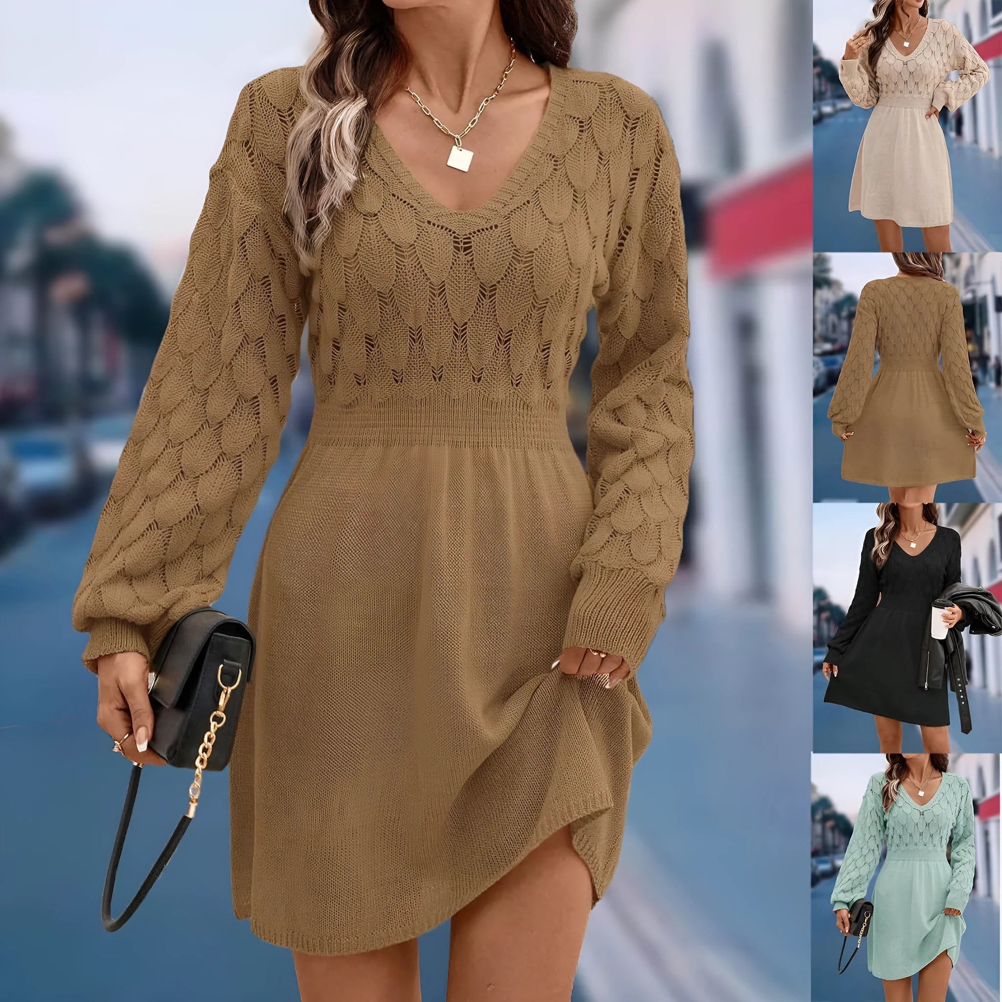 Women's artistic retro acrylic V-neck beach dress with long sleeves, high waist, 3D pattern, in apricot colour.
