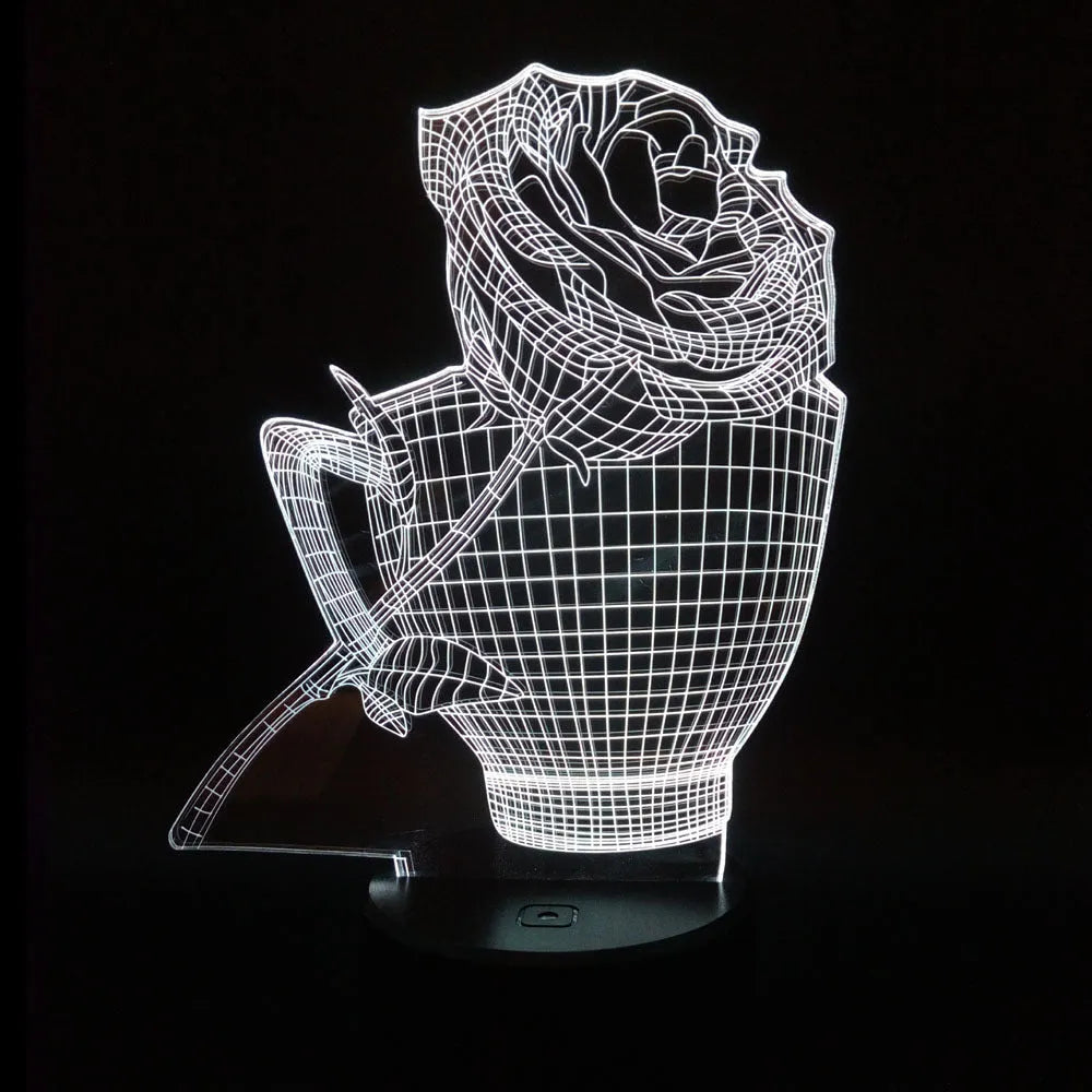 3D acrylic rose flower night light with remote control on a table, displaying purple light.