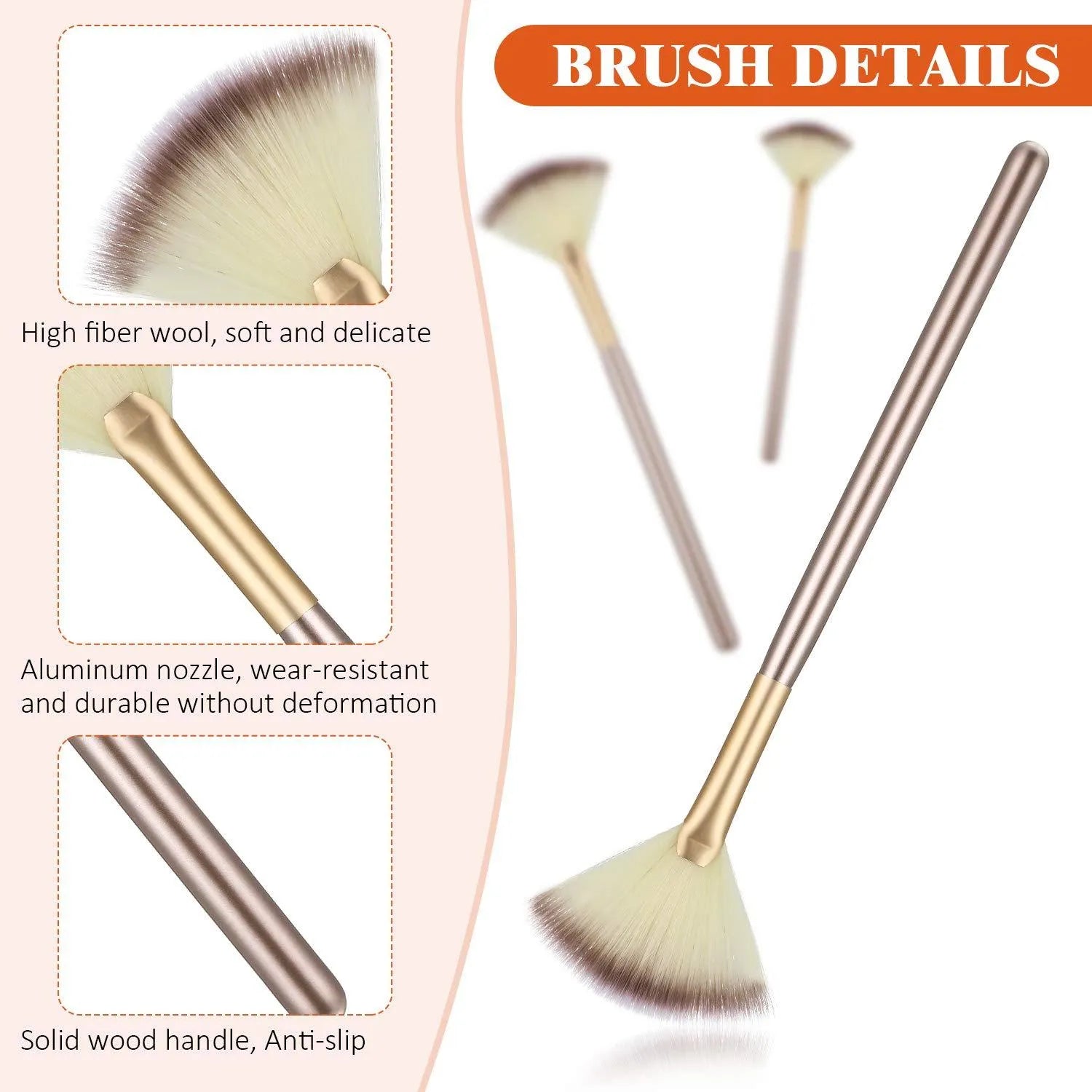 Ten professional champagne-coloured facial fan brushes with acrylic handles and protective covers.