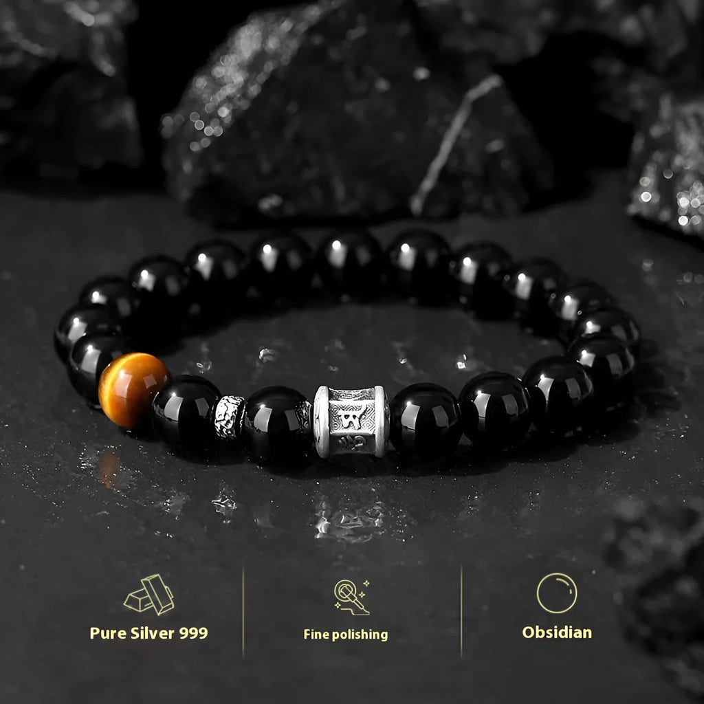 Men's obsidian and silver six-word mantra bracelet with 10mm prayer wheel beads and hand-woven construction