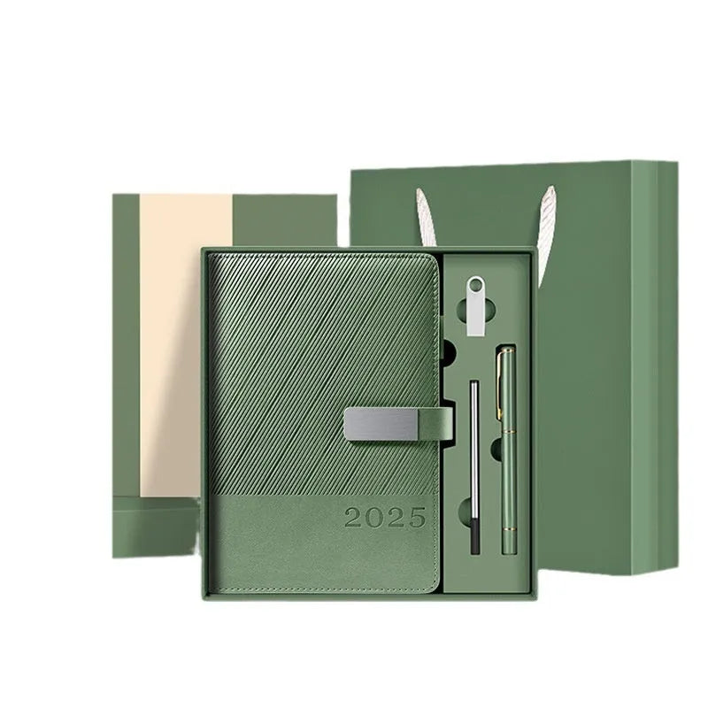 A4 notepad with striped PU leather cover open to show 80g wood-free paper pages