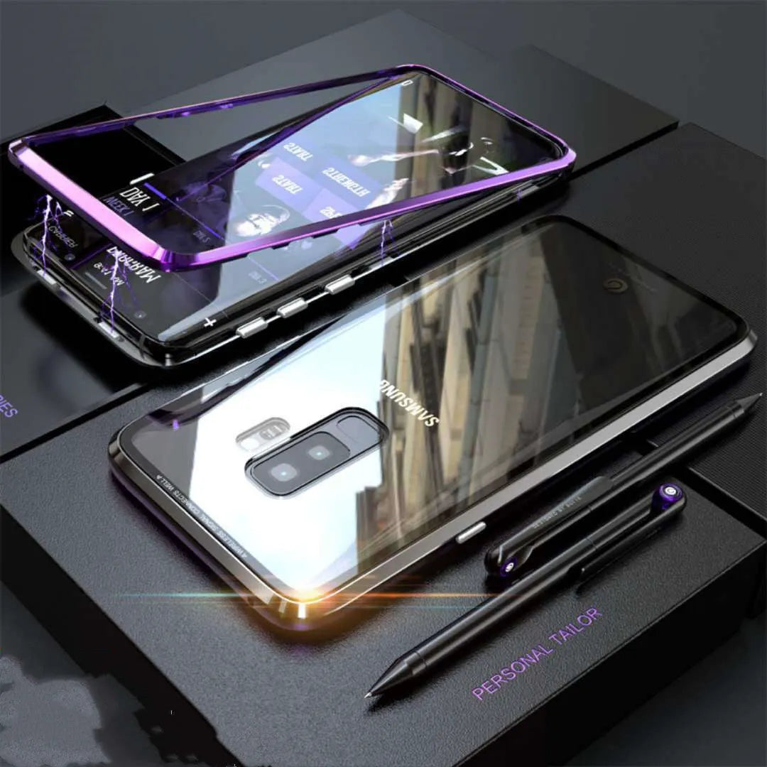 Black anti-peeping magnetic phone case for Samsung Galaxy showing clamshell design and privacy screen