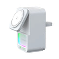 Black and white Bluetooth speaker wireless charger with magnetic charging support on desk