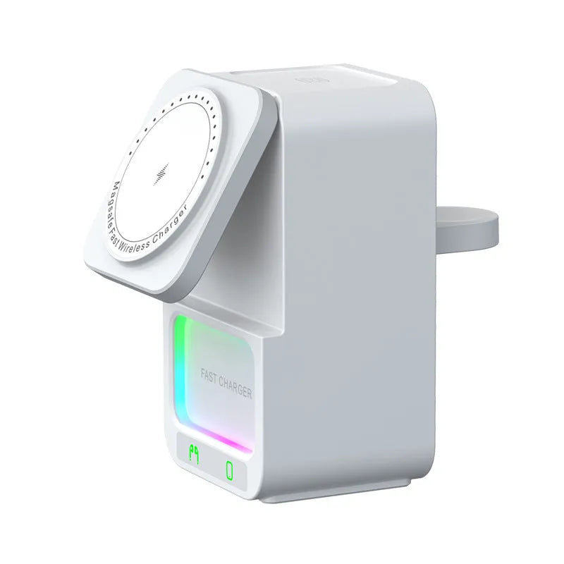 Black and white Bluetooth speaker wireless charger with magnetic charging support on desk