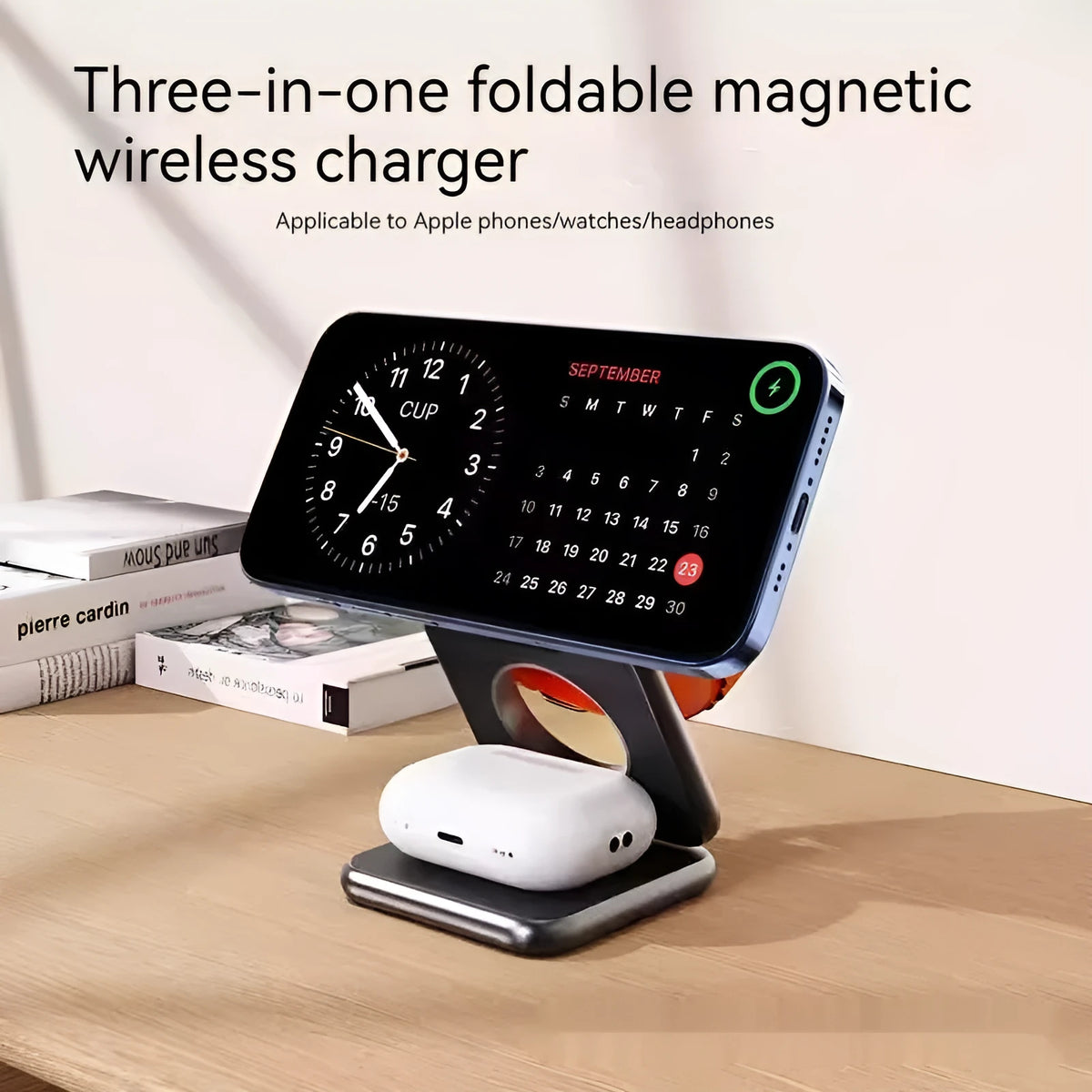 White foldable magnetic wireless charging phone holder showing adjustable stand with phone attached