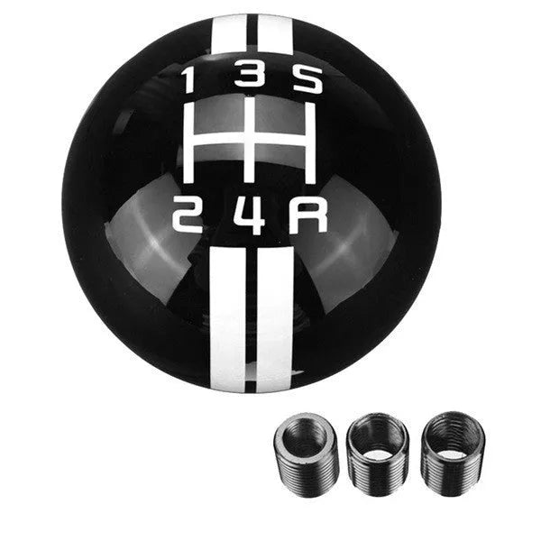 Black acrylic 5-speed manual car gear head with red racing lettering and screw adaptors for installation