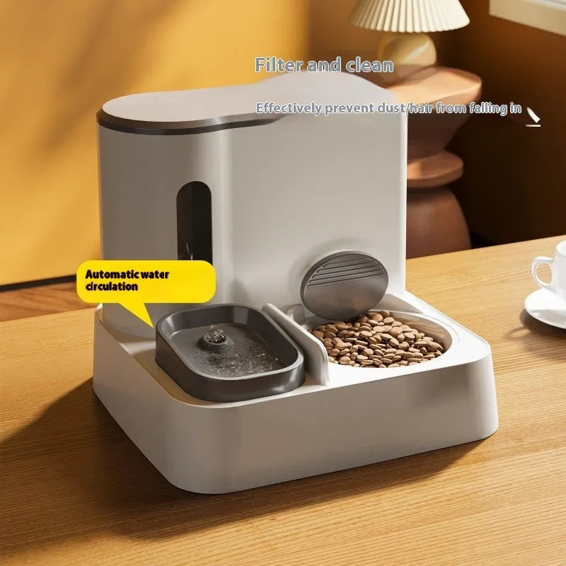 Cat automatic pet feeder water dispenser with integrated double bowl system in grey colour
