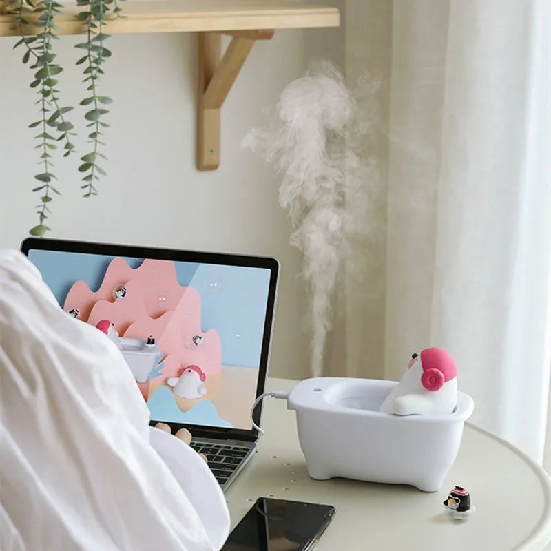 White creative air humidifier with 550ml tank and USB cable for home and office use