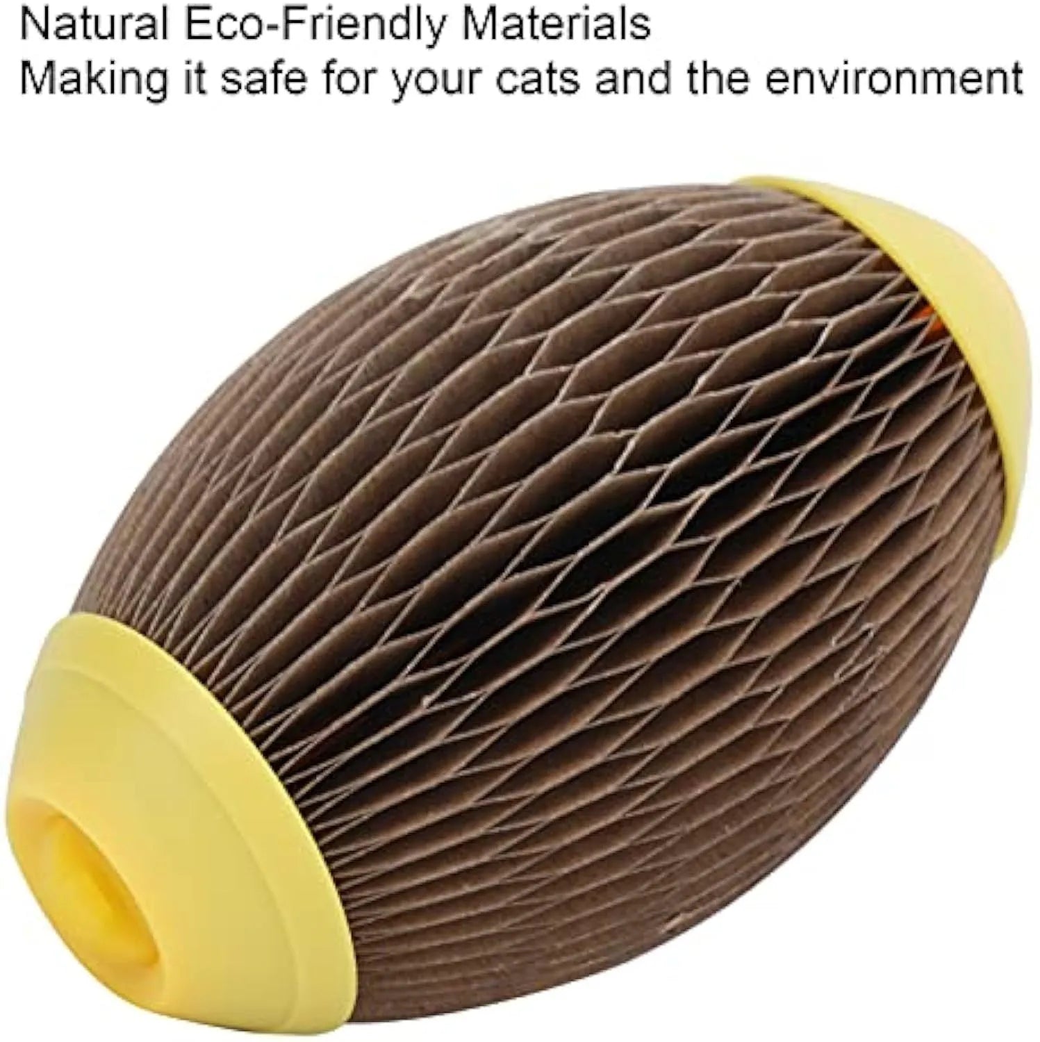 Ellipse-shaped corrugated paper catnip ball toy with scratch surface for cats.