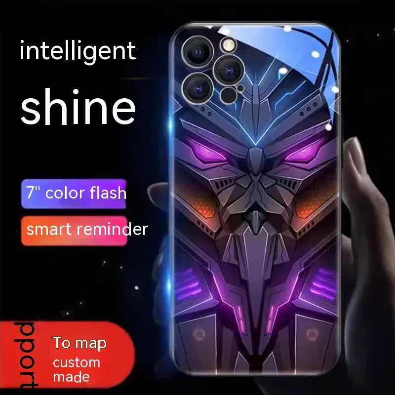 Apple iPhone phone case with light-emitting mech design, anti-fingerprint glass, and cartoon mech style.