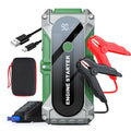Portable emergency starting power supply with LED display, 8000mAh battery, clip jumper, storage bag and USB cable.