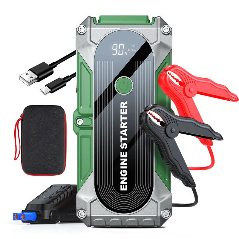 Portable emergency starting power supply with LED display, 8000mAh battery, clip jumper, storage bag and USB cable.