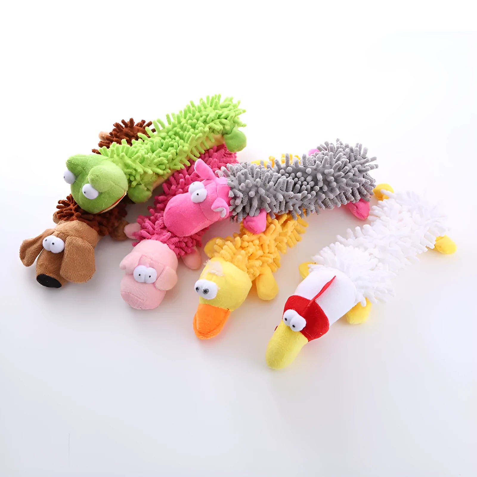 Plush molar horse dog chew toy in various animal designs including brown dog, yellow duck, and pink pig.