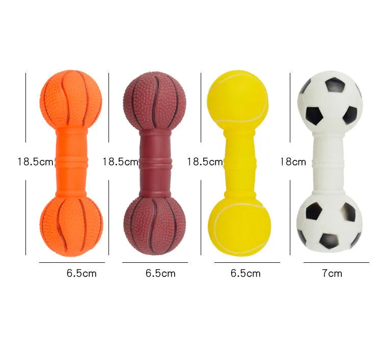 Brown, orange, white and yellow PVC football dumbbell dog toy with squeaker.